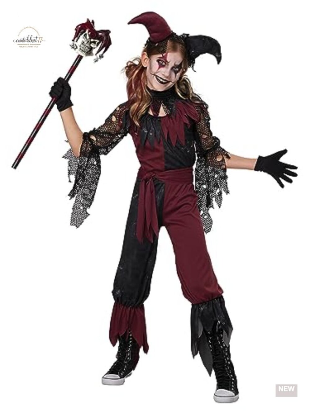 Girls Psycho Jester Costume Complete Set Pullover Top Pants Collar Headpiece